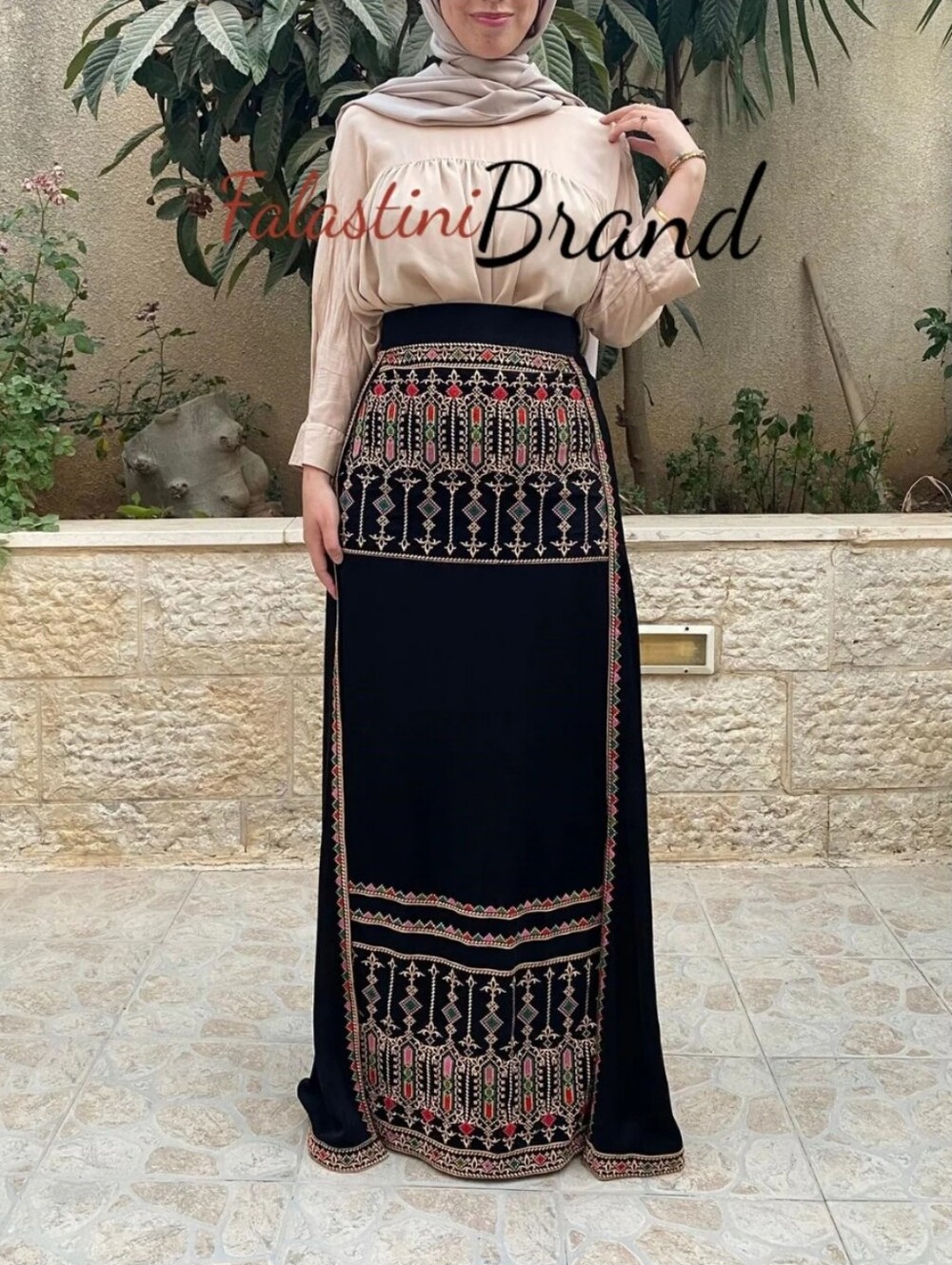Black Maxi Skirt with Multicolor Palastinian Embroidery Tatreez.